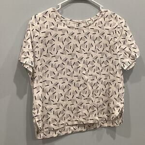 Mo:Vint Womens Linen Blend Shirt Medium M White Navy Blue Beachy Boho Boxy Top